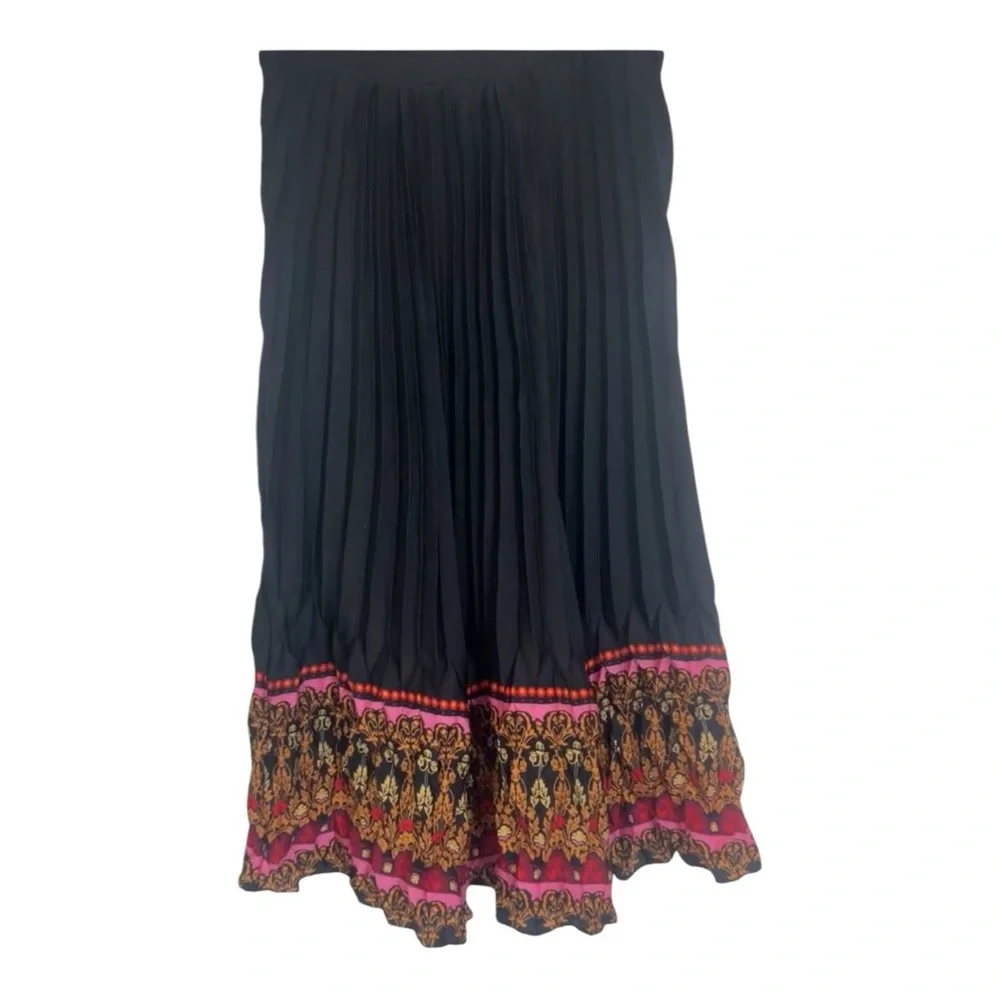 Farm Rio Anthropologie Bohemian Midi Black Pleated Skirt Multicolour Hem Size M - Picture 4 of 17